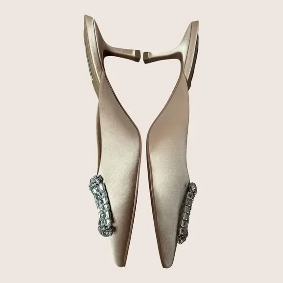 ✨ BIBI LOU ANTHRO CREAM AOI SATIN JEWELED BUCKLE KITTEN HEEL MULE EU39 US9 - Picture 4 of 8